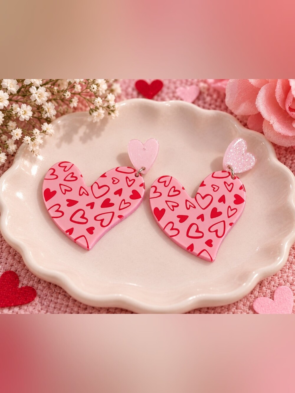 Pink Heart Pattern Dangle Earrings